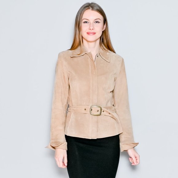 441. VINTAGE Context Leather Suede Tan Jacket with Belt Sz 8 - Picture 9 of 11